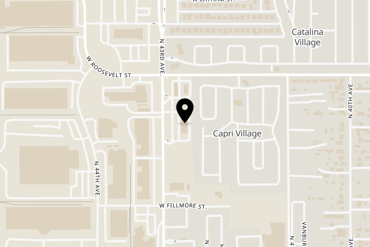 Map showing the location of NY Slicers Deli on 835 N 43rd Ave in Phoenix